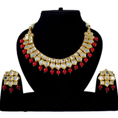 Gold Rodium Polish Red and Maroon color Necklace in Metal Alloy studded with CZ Diamond, Kundan