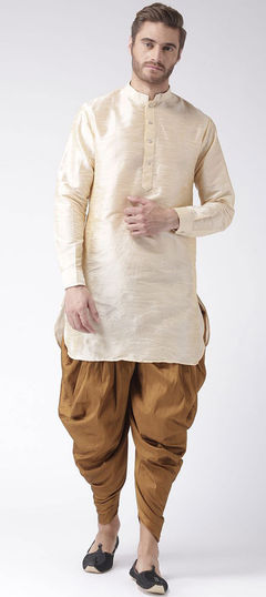 Beige and Brown color Dhoti Kurta in Dupion Silk fabric with Thread work