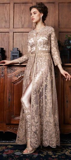 Beige and Brown color Salwar Kameez in Net fabric with Embroidered, Resham, Stone, Thread, Zari work