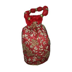 Red and Maroon color Potli in Raw Dupion Silk fabric with Embroidered, Thread work