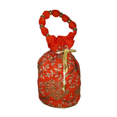 Orange color Potli in Raw Dupion Silk fabric with Embroidered, Thread work