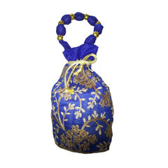 Blue color Potli in Raw Dupion Silk fabric with Embroidered, Thread work