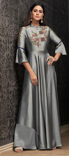 Black and Grey color Gown in Georgette fabric with Embroidered, Thread work