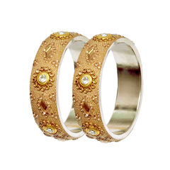 Enamel Gold color Bangles in Brass studded with Kundan