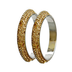 Enamel Gold color Bangles in Brass studded with Kundan