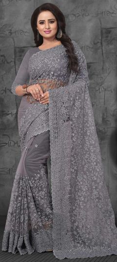 Party Wear Black and Grey color Saree in Net fabric with Classic Embroidered, Resham, Stone, Thread work : 1573886