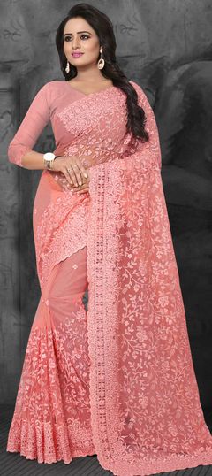 Pink and Majenta color Saree in Net fabric with Embroidered, Resham, Stone, Thread work