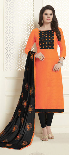 Orange color Salwar Kameez in Cotton, Jacquard fabric with Embroidered, Resham, Thread work