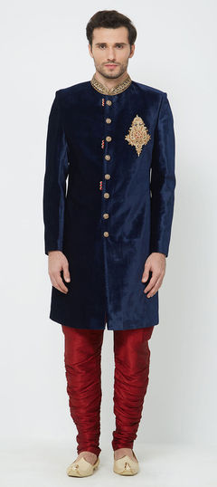 Blue color Sherwani in Velvet fabric with Thread, Zardozi work