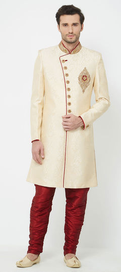 Beige and Brown color Sherwani in Brocade fabric with Stone, Thread, Zardozi work