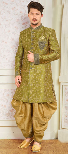 Green color Dhoti Sherwani in Jacquard fabric with Patch work : 1574642