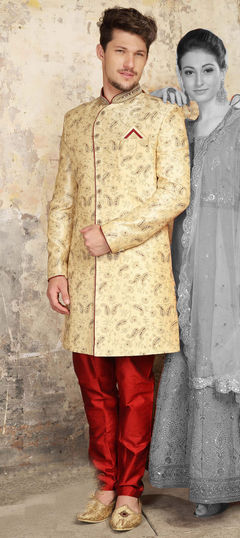 Beige and Brown color Sherwani in Jacquard fabric with Bugle Beads work