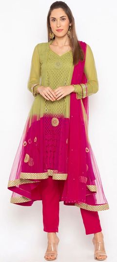 Beige and Brown, Pink and Majenta color Salwar Kameez in Net fabric with Embroidered, Gota Patti, Patch, Resham, Sequence, Thread work