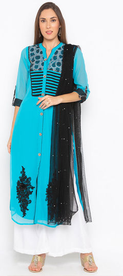 Blue color Salwar Kameez in Georgette fabric with Embroidered, Sequence work