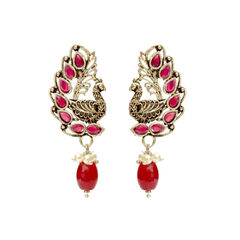 Gold and Silver Rodium Polish Red and Maroon color Earrings in Brass studded with Beads