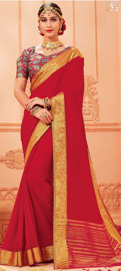 Red and Maroon color Saree in Chiffon fabric with Border work