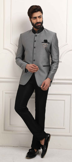 Black and Grey color Jodhpuri Suit in Imported fabric with Broches work