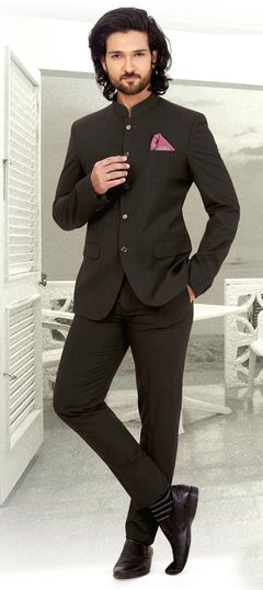 Black and Grey color Jodhpuri Suit in Rayon fabric with Thread work