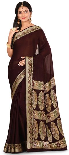 Beige and Brown color Saree in Banarasi Silk, Silk fabric with Weaving work