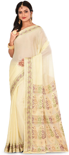 White and Off White color Saree in Banarasi Silk, Silk fabric with Weaving work