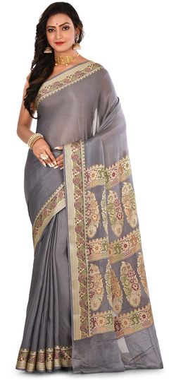 Black and Grey color Saree in Banarasi Silk, Silk fabric with Weaving work