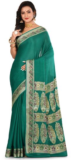 Green color Saree in Banarasi Silk, Silk fabric with Weaving work