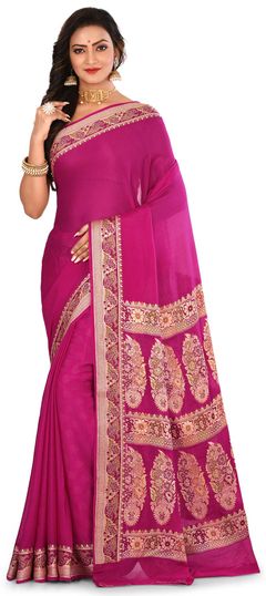 Pink and Majenta color Saree in Banarasi Silk, Silk fabric with Weaving work