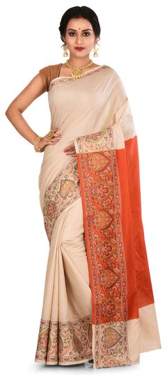 Red and Maroon, White and Off White color Saree in Banarasi Silk, Silk fabric with Weaving work