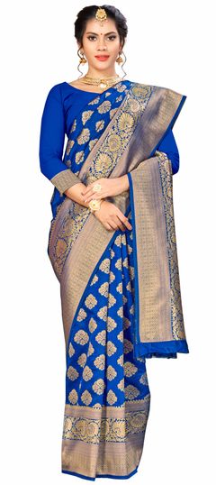 Blue color Saree in Banarasi Silk, Silk fabric with Weaving work
