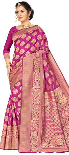 Purple and Violet color Saree in Banarasi Silk, Silk fabric with Weaving work