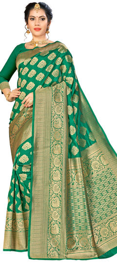 Green color Saree in Banarasi Silk, Silk fabric with Weaving work