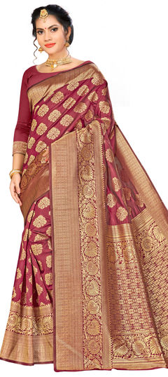 Red and Maroon color Saree in Banarasi Silk, Silk fabric with Weaving work