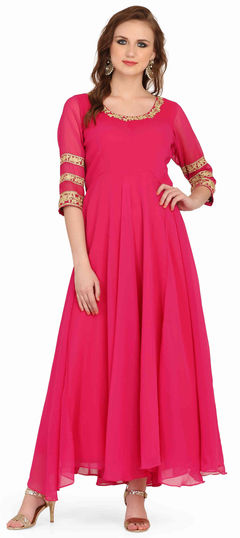 Pink and Majenta color Kurti in Georgette fabric with Embroidered, Thread work