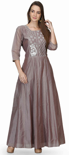 Black and Grey color Kurti in Chanderi Silk fabric with Thread work