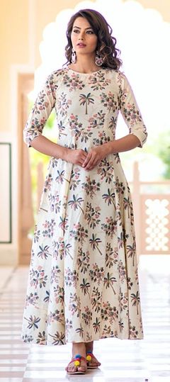 Party Wear Beige and Brown color Gown in Muslin fabric with Digital Print work : 1578193