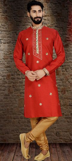 Red and Maroon color Kurta Pyjamas in Dupion Silk fabric with Thread work