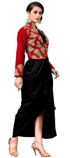 Red and Maroon color Tunic with Bottom in Dupion Silk, Satin Silk fabric with Embroidered, Thread work
