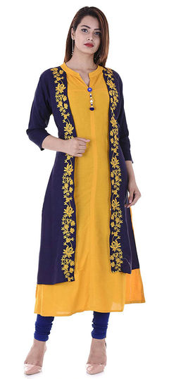 Blue, Yellow color Tunic with Bottom in Rayon fabric with Embroidered, Thread work