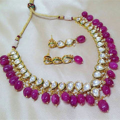 Gold Rodium Polish Pink and Majenta color Necklace in Metal Alloy studded with CZ Diamond, Kundan