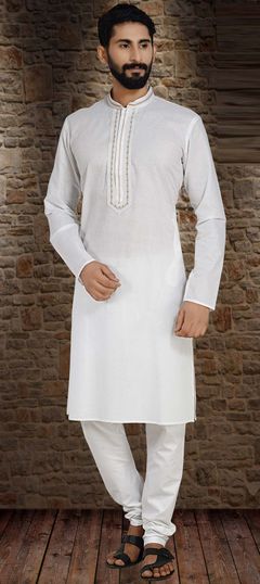 White and Off White color Kurta Pyjamas in Poly cotton fabric with Embroidered, Resham, Thread work