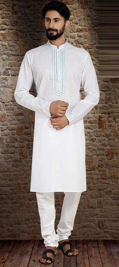 White and Off White color Kurta Pyjamas in Poly cotton fabric with Embroidered, Resham, Thread work