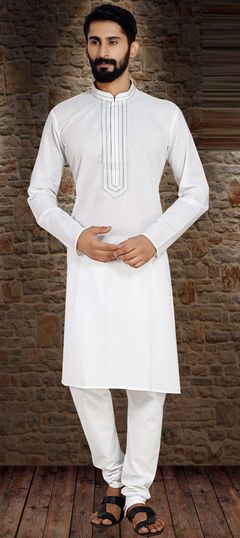 White and Off White color Kurta Pyjamas in Poly cotton fabric with Embroidered, Resham, Thread work