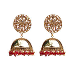 Gold Rodium Polish Red and Maroon color Earrings in Brass studded with Pearl