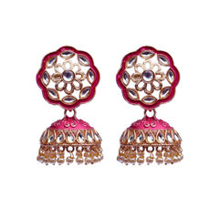 Gold Rodium Polish Pink and Majenta color Earrings in Brass studded with Kundan, Pearl