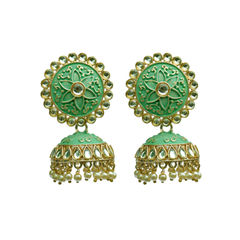 Gold Rodium Polish Green color Earrings in Brass studded with Kundan, Pearl