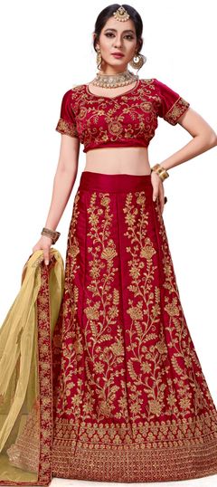 Red and Maroon color Lehenga in Satin Silk, Silk fabric with Embroidered, Stone, Thread, Zari work