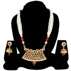 Gold Rodium Polish Multicolor color Necklace in Metal Alloy studded with Austrian diamond, CZ Diamond, Pearl