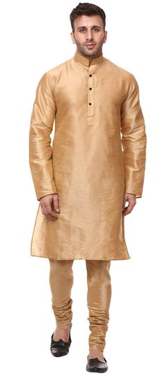 Gold color Kurta Pyjamas in Dupion Silk fabric with Patch work