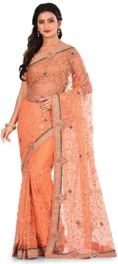 Orange color Saree in Net fabric with Sequence, Stone, Thread work