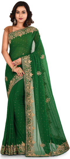 Green color Saree in Georgette fabric with Stone, Thread work